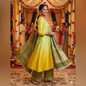 Meghna Panchmatia Green Ombré Zari Kurta Set